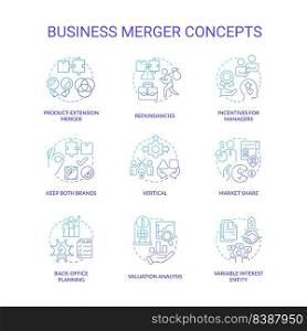 Business merger and consolidation blue gradient concept icons set. Companies integration idea thin line color illustrations. Isolated symbols. Roboto-Medium, Myriad Pro-Bold fonts used. Business merger and consolidation blue gradient concept icons set