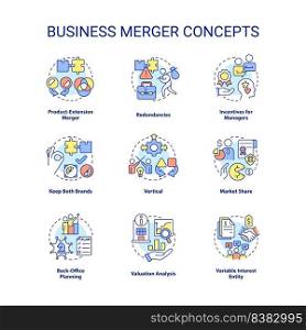 Business merger and consolidation concept icons set. Companies integration idea thin line color illustrations. Isolated symbols. Editable stroke. Roboto-Medium, Myriad Pro-Bold fonts used. Business merger and consolidation concept icons set