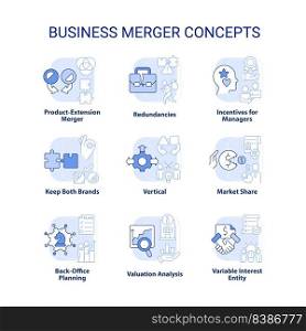 Business merger and consolidation light blue concept icons set. Companies integration idea thin line color illustrations. Isolated symbols. Editable stroke. Roboto-Medium, Myriad Pro-Bold fonts used. Business merger and consolidation light blue concept icons set