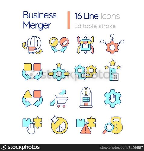 Business merger and consolidation RGB color icons set. Marketing strategy. Isolated vector illustrations. Simple filled line drawings collection. Editable stroke. Quicksand-Light font used. Business merger and consolidation RGB color icons set