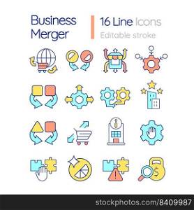 Business merger and consolidation RGB color icons set. Marketing strategy. Isolated vector illustrations. Simple filled line drawings collection. Editable stroke. Quicksand-Light font used. Business merger and consolidation RGB color icons set