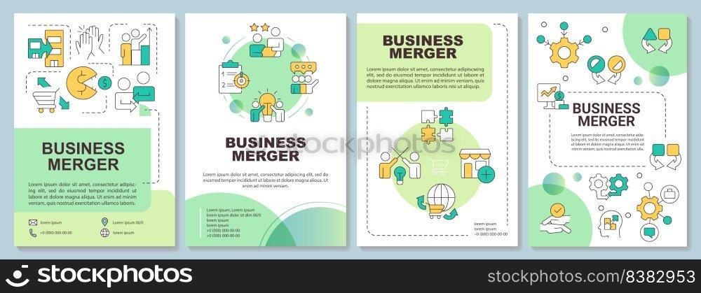 Business merger green brochure template. Consolidation. Leaflet design with linear icons. Editable 4 vector layouts for presentation, annual reports. Arial-Bold, Myriad Pro-Regular fonts used. Business merger green brochure template