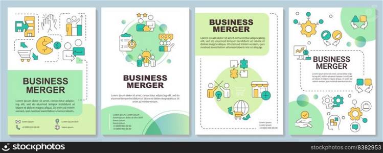 Business merger green brochure template. Consolidation. Leaflet design with linear icons. Editable 4 vector layouts for presentation, annual reports. Arial-Bold, Myriad Pro-Regular fonts used. Business merger green brochure template