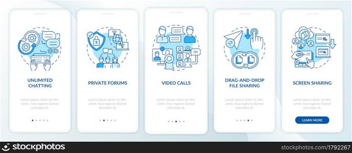 Business messaging option blue onboarding mobile app page screen. Work service walkthrough 5 steps graphic instructions with concepts. UI, UX, GUI vector template with linear color illustrations. Business messaging option blue onboarding mobile app page screen