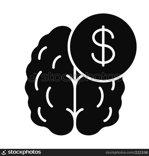 Business mind. Knowledge equal money icon. Silhouette symbol. Human brain with dollar sign. Negative space. Vector isolated illustration. Business mind. Knowledge equal money icon