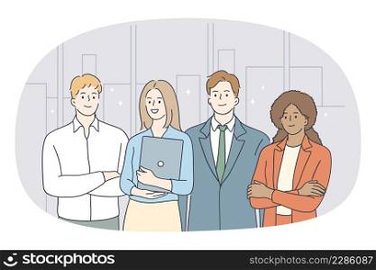 Business mixed race team concept. Group of diverse mixed race people business partners workers standing together with laptop and looking at camera vector illustration . Business mixed race team concept.