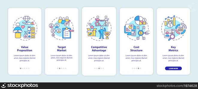 Business model components onboarding mobile app page screen. Company development walkthrough 5 steps graphic instructions with concepts. UI, UX, GUI vector template with linear color illustrations. Business model components onboarding mobile app page screen