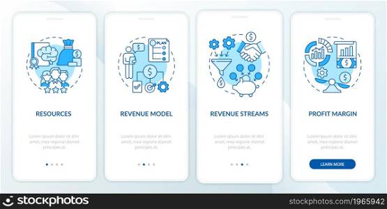 Business model essentials blue onboarding mobile app page screen. Company finance walkthrough 4 steps graphic instructions with concepts. UI, UX, GUI vector template with linear color illustrations. Business model essentials blue onboarding mobile app page screen