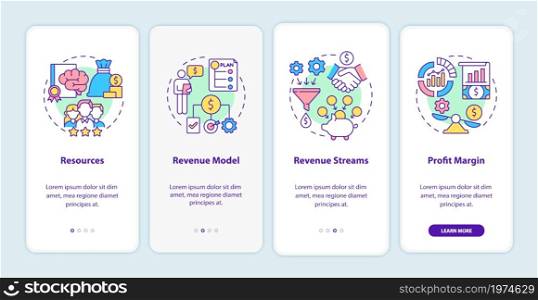 Business model essentials onboarding mobile app page screen. Company finance walkthrough 4 steps graphic instructions with concepts. UI, UX, GUI vector template with linear color illustrations. Business model essentials onboarding mobile app page screen
