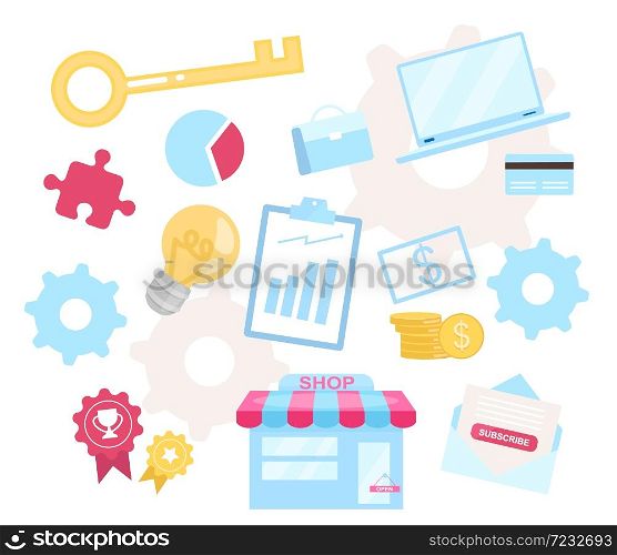 Business model flat vector illustration. Retailing process. Managing business concept. E-commerce. Online shop activity. Sales workflow. Brainstorming ideas. Office objects isolated on white. Business model flat vector illustration