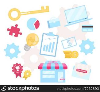 Business model flat vector illustration. Retailing process. Managing business concept. E-commerce. Online shop activity. Sales workflow. Brainstorming ideas. Office objects isolated on white. Business model flat vector illustration
