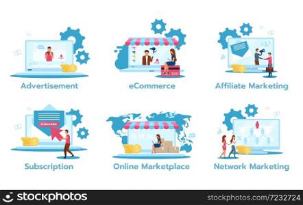 Business model flat vector illustrations set. Advertisement. E-commerce. Affiliate marketing. Subscription. Online marketplace. Network marketing. Trading strategies. Isolated cartoon characters. Business model flat vector illustrations set