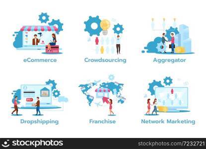 Business model flat vector illustrations set. E-commerce. Crowdsourcing. Aggregator. Dropshipping. Franchise. Network marketing. Trading strategies. Isolated cartoon characters. Business model flat vector illustrations set