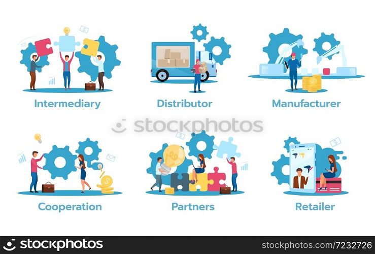 Business model flat vector illustrations set. Intermediary, distributor, manufacturer. Partners cooperation. Trading strategies concept with isolated cartoon characters. Business model flat vector illustrations set