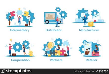 Business model flat vector illustrations set. Intermediary, distributor, manufacturer. Partners cooperation. Trading strategies concept with isolated cartoon characters. Business model flat vector illustrations set