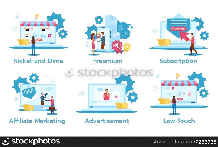 Business model flat vector illustrations set. Nickel-and-dime. Freemuim. Subscription. Affiliate marketing. Advertisement. Low touch. Trading strategies. Isolated cartoon characters. Business model flat vector illustrations set