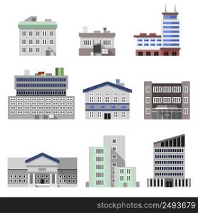 Business modern urban office buildings flat decorative icons set isolated vector illustration