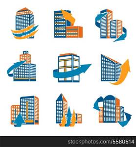 Business modern urban office buildings with arrows icons isolated vector illustration