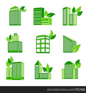 Business modern urban office green leaves eco buildings icons isolated vector illustration
