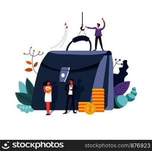 Business money and finance ideas of people vector. Man with hook carrying bag full of coins, male and female standing by handbag. Foliage and leaves plants as decoration, investment and deposits. Business money and finance ideas of people vector