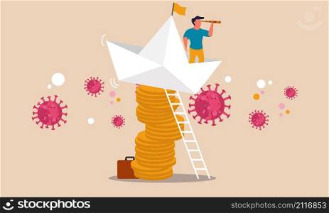 Business money risk and paper boat help. Problem leadership investment and finance solution direction vector illustration concept metaphor. Collapse company businessman and global dollar impact