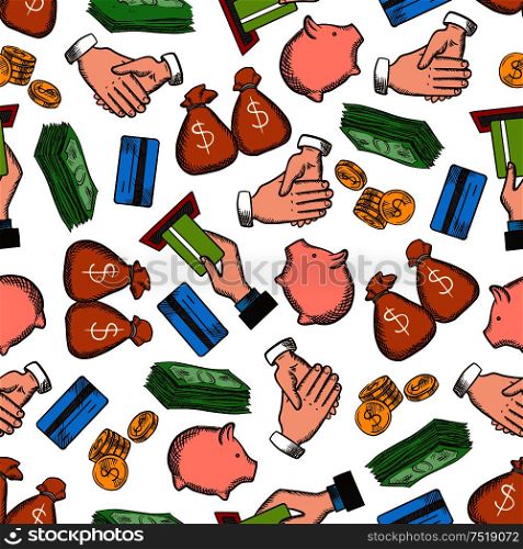 Business, Money, Success seamless background. Wallpaper with vector pattern icons of credit card, handshake, piggy bank, dollar, banknote, coin. Businessmen partnership, income and savings concept. business, money, success seamless background