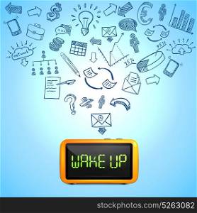 Business Morning Composition. Business morning composition with 3d clock hand drawn icons of work processes on blue background vector illustration