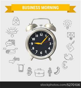 Business Morning Round Composition. Business morning round composition with yellow ribbon 3d alarm clock and hand drawn icons isolated vector illustration