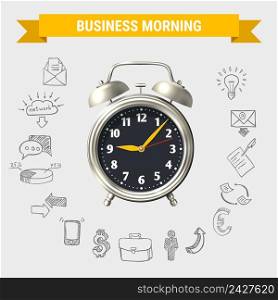 Business morning round composition with yellow ribbon 3d alarm clock and hand drawn icons isolated vector illustration . Business Morning Round Composition