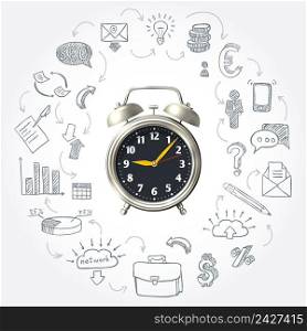 Business morning round design with hand drawn icons of work system around 3d mechanical clock vector illustration  . Business Morning Round Design