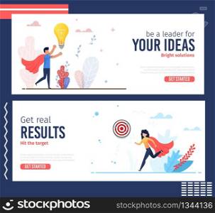 Business Motivation Header Banner Trendy Flat Set. Inspiration Quote for Potential Leader. Leadership. Hit Target, Achieve Goals to Get Real Results. Cartoon Super Business People. Vector Illustration. Business Motivation Header Banner Trendy Flat Set