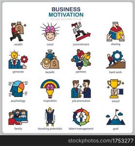 Business Motivation icon set for website, document, poster design, printing, application. Business Motivation concept icon filled outline style.
