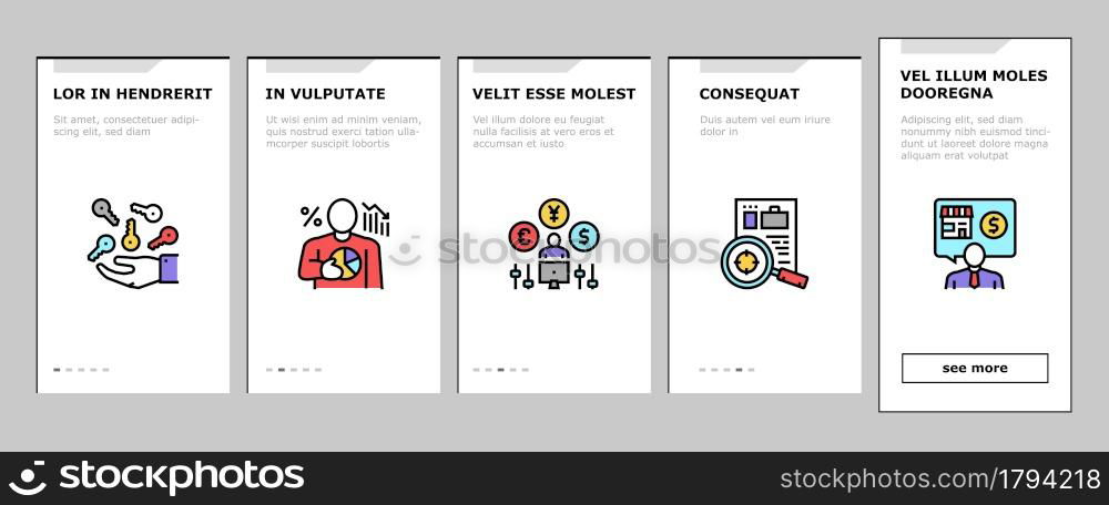 Business Motivation Onboarding Mobile App Page Screen Vector. Businessman Finance Losses And Wealth, Goal Achievement And Business Motivation Lesson Training Illustrations. Business Motivation Onboarding Icons Set Vector