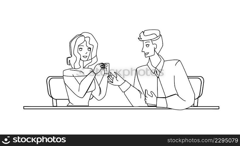 Business Negotiation Of Businesspeople Black Line Pencil Drawing Vector. Young Man And Woman Talking And Business Negotiation On Meeting Or Conference. Characters Businessman And Businesswoman. Business Negotiation Of Businesspeople Vector