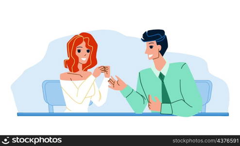 Business Negotiation Of Businesspeople Vector. Young Man And Woman Talking And Business Negotiation On Meeting Or Conference. Characters Businessman And Businesswoman Flat Cartoon Illustration. Business Negotiation Of Businesspeople Vector