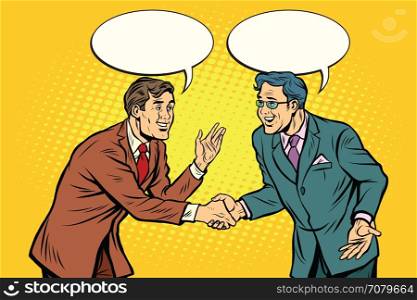 Business negotiations businesspeople shaking hands. Pop art retro vector illustration. Business negotiations businesspeople shaking hands
