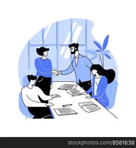 Business negotiations isolated cartoon vector illustrations. Group of business partners shaking hands during negotiations, finance sector, stock market, venture funding vector cartoon.. Business negotiations isolated cartoon vector illustrations.