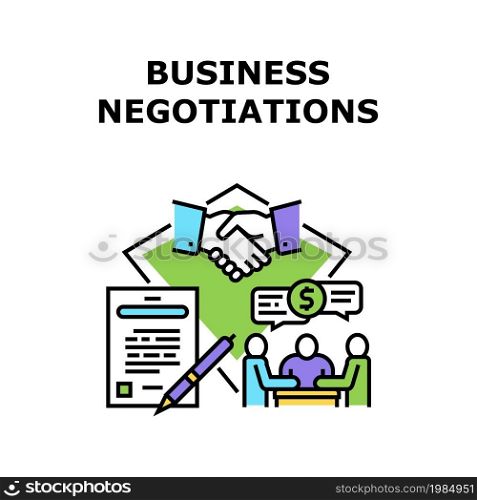 Business Negotiations Vector Icon Concept. Business Negotiations Businessman With Partner And Signing Relationship Agreement Contract. Ceo Discussing With Employee Color Illustration. Business Negotiations Concept Color Illustration