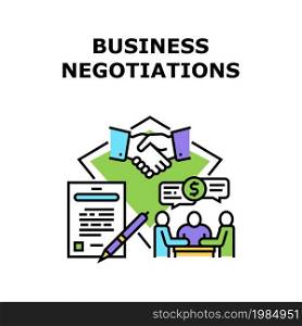 Business Negotiations Vector Icon Concept. Business Negotiations Businessman With Partner And Signing Relationship Agreement Contract. Ceo Discussing With Employee Color Illustration. Business Negotiations Concept Color Illustration