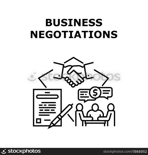 Business Negotiations Vector Icon Concept. Business Negotiations Businessman With Partner And Signing Relationship Agreement Contract. Ceo Discussing With Employee Black Illustration. Business Negotiations Concept Black Illustration