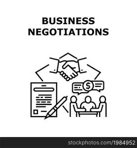 Business Negotiations Vector Icon Concept. Business Negotiations Businessman With Partner And Signing Relationship Agreement Contract. Ceo Discussing With Employee Black Illustration. Business Negotiations Concept Black Illustration