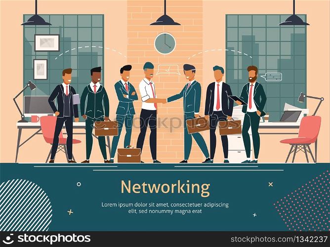 Business Networking Flat Vector Banner Template. Businessmen Shaking Hands on Office Meeting, Business Partners Welcoming Each Other on Negotiation, Congratulating with Successful Deal Illustration