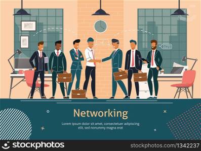 Business Networking Flat Vector Banner Template. Businessmen Shaking Hands on Office Meeting, Business Partners Welcoming Each Other on Negotiation, Congratulating with Successful Deal Illustration