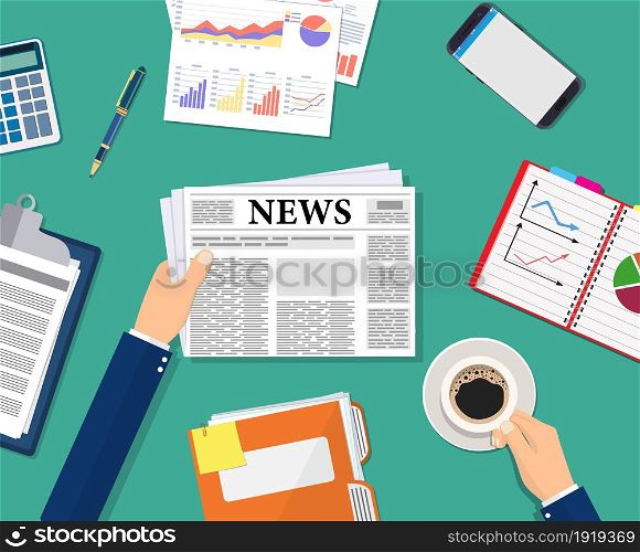 Business news. Businessman holding a newspaper and coffee cup on the desktop. Coffee break, breakfast, lunch, documents, purse, calculator, notebook, wrist watch. Vector illustration in flat style. Businessman holding a newspaper