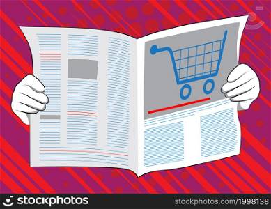 Business Newspaper with E-commerce icon, Shopping symbol as headline. Vector cartoon illustration.