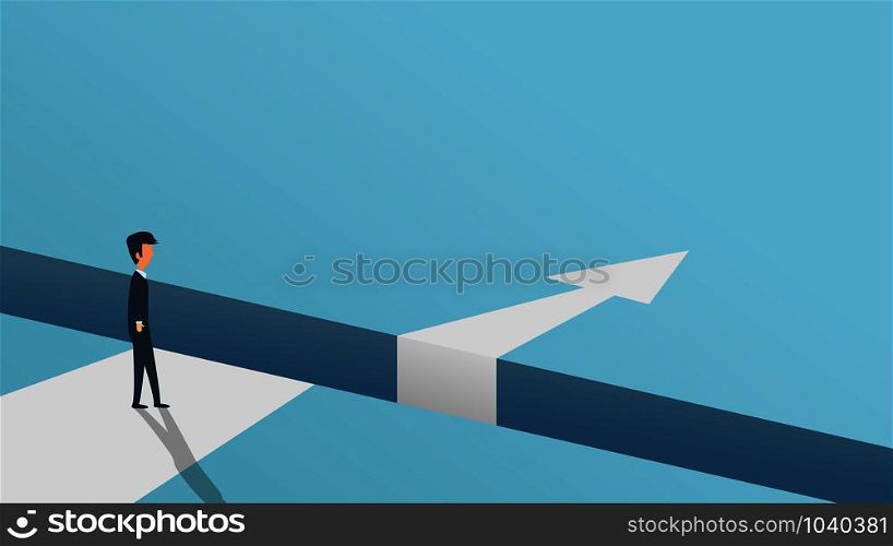 Business obstacle vector challenge issue solution arrow. Man concept success illustration overcome achievement cartoon. Hurdle career over barrier risk. Problem work metaphor job abyss