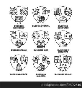 Business Occupation Set Vector Black Illustrations. Business Workshop And Travel, Computer And Office, Executive Team Group And Success Work, Idea And Goal Icons Collection Black Illustrations. Business Occupation Set Vector Black Illustration