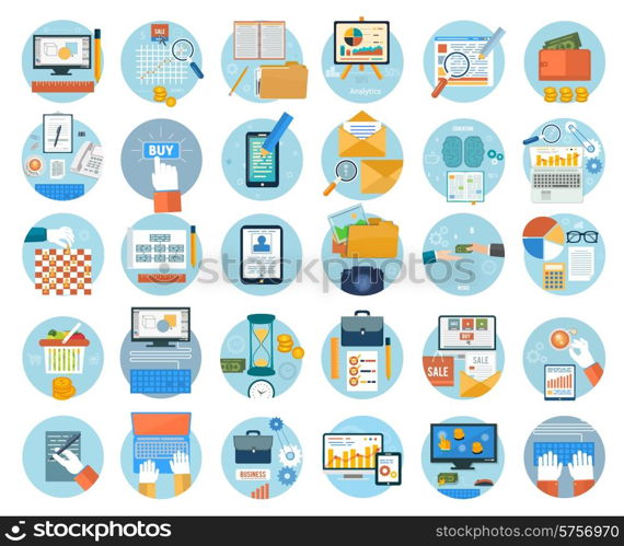 Business, office and marketing items icons. Set for web and mobile applications of online purchase, engineering, social media, seo search optimization, pay per click, analysis of documents, online shopping concepts items icons in flat design