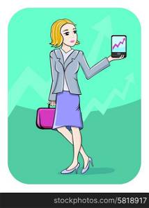 Business, office and technology concept. Businesswoman showing graph on smartphone screen in cartoon style