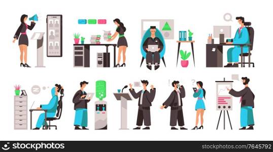 Business office color set of isolated compositions with doodle human characters of workers at their workplaces vector illustration